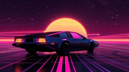 Poster - A futuristic car drives on a neon road with a retro sun and stars in the background.