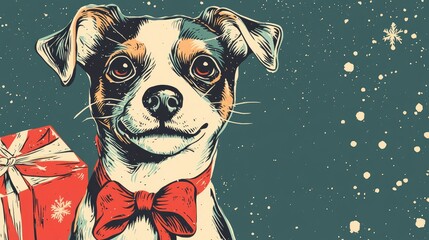 Wall Mural - Retro coloring book illustration of a playful dog during the holiday season