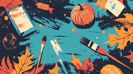 Poster - Retro flat lay design featuring autumn decorations and paintbrush for seasonal creativity