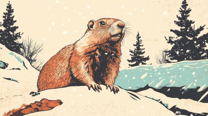 Wall Mural - Groundhog strolling through snowy landscape winter animal scene