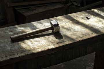 Wall Mural - A  Sledgehammer on a Rough Wooden Surface