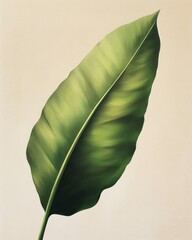 Wall Mural - Oil painting depicting a vibrant green leaf from a tropical tree showcasing its unique shape and texture against a neutral background