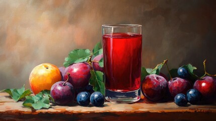 Wall Mural - Close up oil painting of tasty plum juice accompanied by fresh fruits on a wooden table