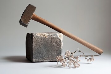 Canvas Print - A Hammer Resting on a Stone Block with a Delicate Dried Flower Branch