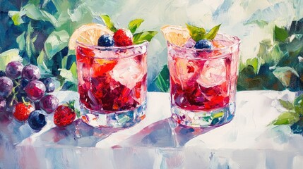 Oil painting depicting a refreshing summer drink made with berry and rose petal featuring two glasses on a white table with space for text