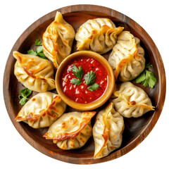 Dumpling momos with sauce in a wooden plate top view isolated on transparent white background, clipping path