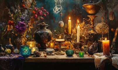 Oil painting depicting a witch s altar featuring magical items candles and elements of pagan or Wiccan practices emphasizing potent mystical themes