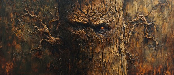 Oil painting showcasing the texture of wood and an ancient tree highlighting natural wood patterns and the character of aged foliage