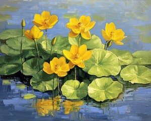 Oil painting of yellow aquatic flowers capturing the beauty of Nuphar Lutea in a serene water setting