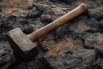 A weathered hammer resting on a rocky surface