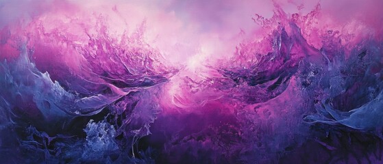 Wall Mural - Abstract oil painting featuring luminous purple lines against a backdrop of icy textures highlighted by pink light creating a captivating visual experience