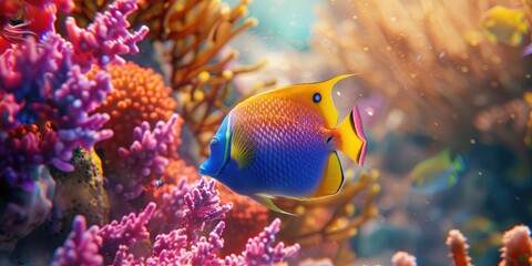 Wall Mural - Queen Angelfish Swimming Above Coral