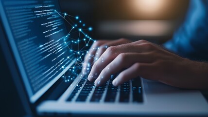 Poster - A person is typing on a laptop with a blue screen that has a complex code on it