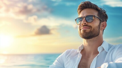 Canvas Print - A man wearing sunglasses and a white shirt is sitting on a beach, smiling