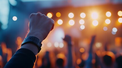 Sticker - A person is holding their fist up in the air in a crowd of people