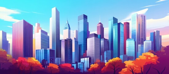 Wall Mural - Skyscrapers in a vibrant business center with a detailed and colorful landscape composition showcasing an urban travel destination