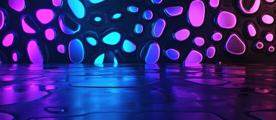 3D rendering of a light wall featuring blue and violet spots shaped like a tablet symbol set against a black background with reflections on a wet floor