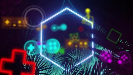 Wall Mural - animation of neon video game items neon moving over leaves on black background