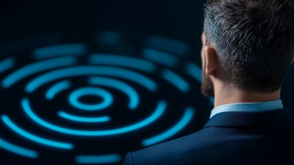 A man is looking at a blue circle on a screen