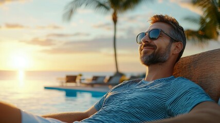 Wall Mural - A man is sitting on a chair by the pool, wearing sunglasses and smiling