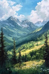 Wall Mural - Acrylic digital artwork depicting a serene mountain landscape surrounded by forest featuring hand drawn watercolor trees and a panoramic meadow scene