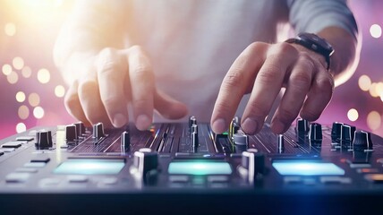 Canvas Print - A man is playing a keyboard with a green button