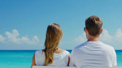 Wall Mural - A couple is sitting on a bench by the ocean, enjoying the view