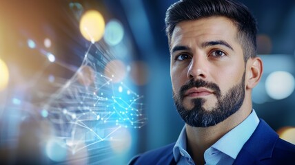 Wall Mural - A man with a beard and a blue suit is standing in front of a blurry background