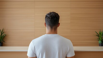 Poster - A man with short hair is standing in front of a wall with a plant in the corner