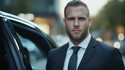 Poster - A man in a suit and tie stands in front of a car