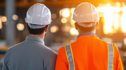 Two men wearing hard hats and safety vests stand next to each other