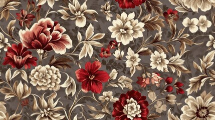 Wall Mural - Vintage floral seamless pattern featuring hues of brown gray and red Raster illustration