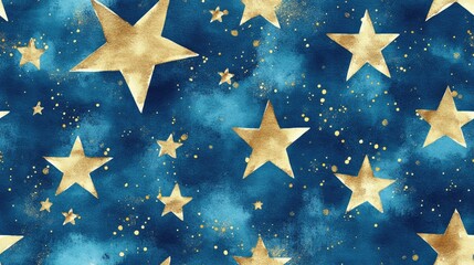 Watercolor seamless pattern for holiday celebration featuring golden stars on a blue background Hand painted on paper