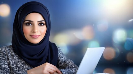 A woman wearing a black scarf is sitting in front of a laptop