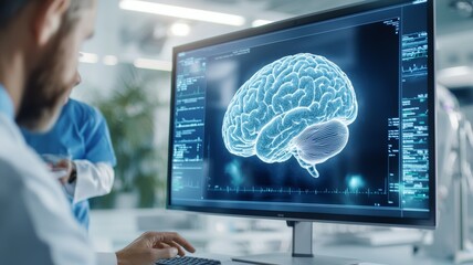 Wall Mural - A man is looking at a computer monitor that displays a brain