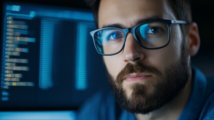 A man with glasses is looking at a computer screen with a lot of text on it