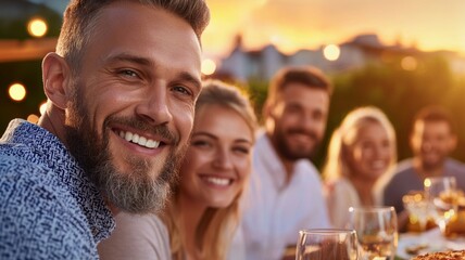 Poster - A man with a beard and a smile is sitting at a table with a group of people