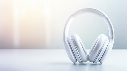 A pair of white headphones are sitting on a table