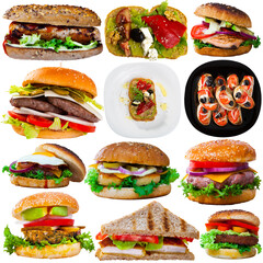 Wall Mural - Collection of meaty and veggie burgers, sandwiches and toasts on white background ..