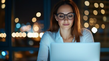 Wall Mural - A woman wearing glasses is sitting at a desk with a laptop open in front of her