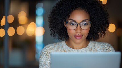 Poster - A woman with curly hair is sitting at a table with a laptop in front of her