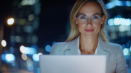 Wall Mural - A woman wearing glasses is sitting in front of a laptop computer