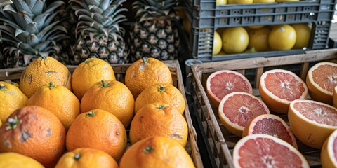 Wall Mural - Fresh Citrus and Pineapples in Market Bins Featuring Whole Oranges and Sliced Grapefruit Showcasing Nutritious Juicy Selections