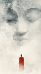 A serene scene where a monk in a vivid red robe stands with their back to the viewer, gazing up at a colossal, ethereal Buddha face that seems to form out of mist and smoke