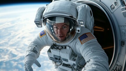 A man in a space suit is seen looking out of a window of a spacecraft