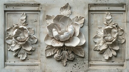 Wall Mural - White Stone Floral Relief on a Weathered Wall