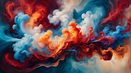 Wall Mural - Abstract swirling smoke in red, orange, blue, and white colors.