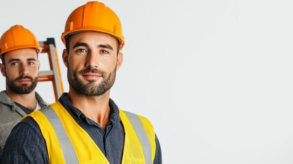 Two men wearing orange safety vests and hard hats are smiling for the camera