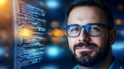 A man with glasses is looking at a computer screen with a lot of code on it