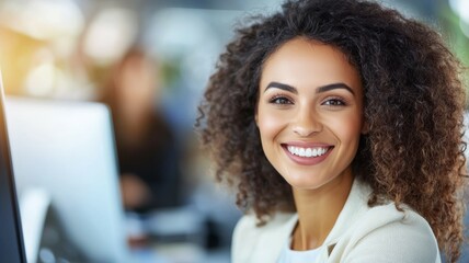 Poster - A woman with curly hair is smiling at the camera